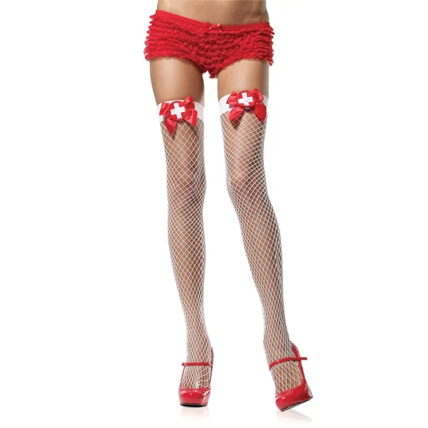 Weiße halterlose Netzstrümpfe mit roter Schleife von Leg Avenue | Fesselliebe.de