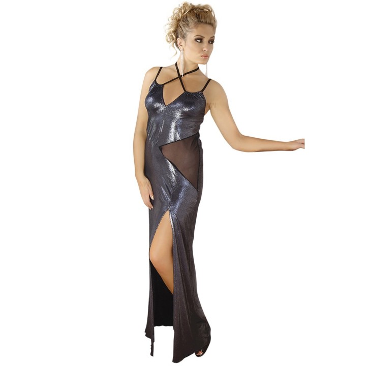 Langes silbernes Wetlook-Kleid M/1069 von Andalea | Fesselliebe.de