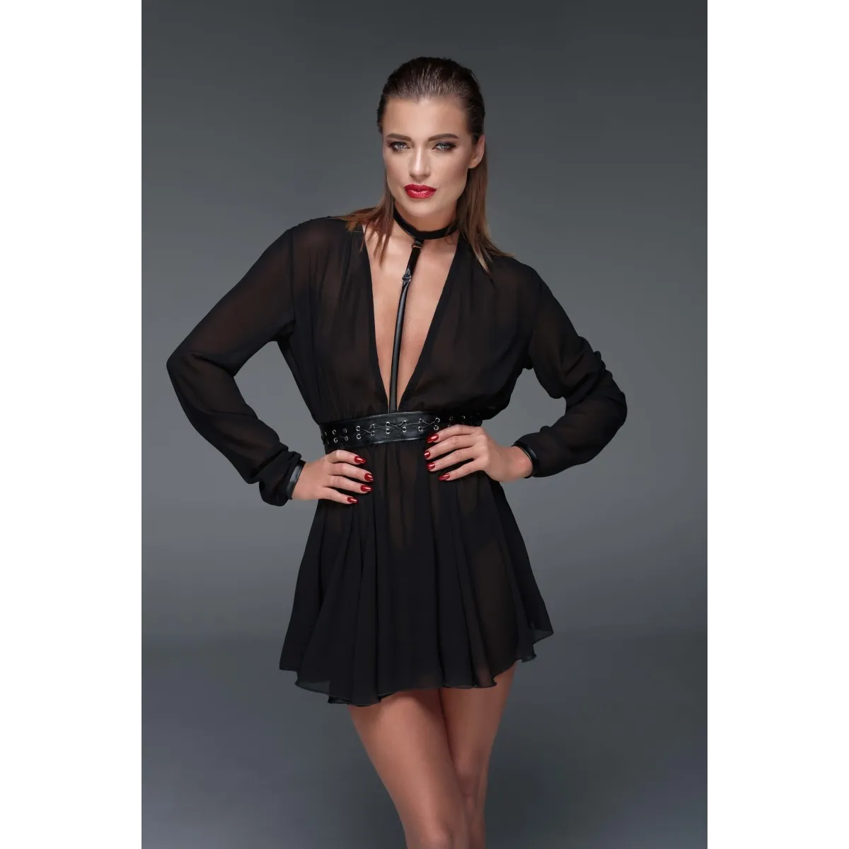 Schwarzes Chiffon Minikleid mit choker F150 von Noir Handmade Muse Collection | Fesselliebe.de