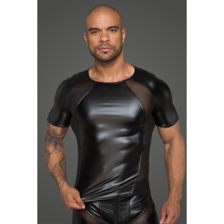 Herren T-Shirt aus Powerwetlook mit 3D Netzeinsätzen H056 von Noir Handmade Rebellious Collection | Fesselliebe.de
