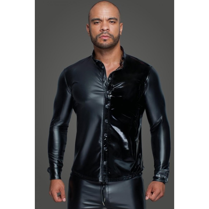 Langärmliges Powerwetlook & PVC Shirt mit Knopfleiste H064 von Noir Handmade MissBehaved Collection | Fesselliebe.de
