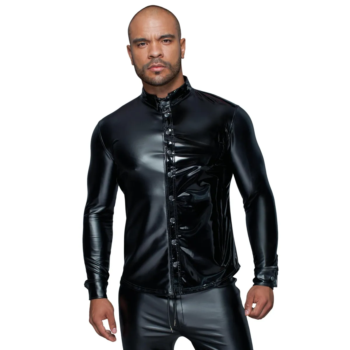 Langärmliges Powerwetlook & PVC Shirt mit Knopfleiste H064 von Noir Handmade MissBehaved Collection | Fesselliebe.de