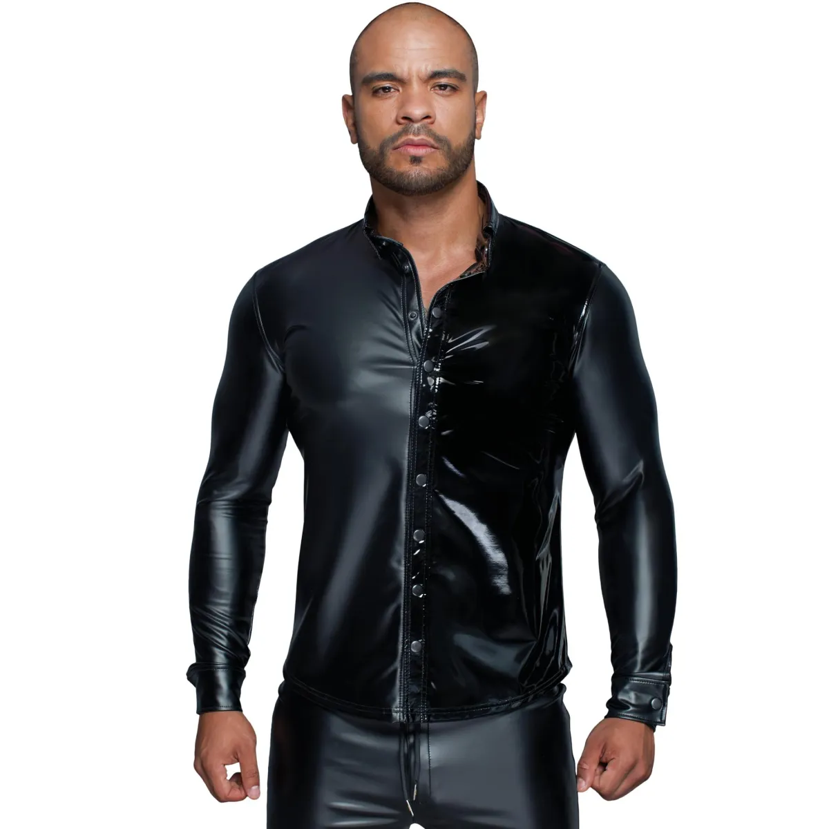 Langärmliges Powerwetlook & PVC Shirt mit Knopfleiste H064 von Noir Handmade MissBehaved Collection | Fesselliebe.de