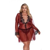 Dunkelroter Morgenrock mit Spitze AA052931 von Anais Apparel Plus Size | Fesselliebe.de