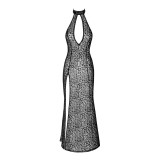 F288 Langes Flockkleid im Leoparden-Look mit Schlitz von Noir Handmade | Fesselliebe.de
