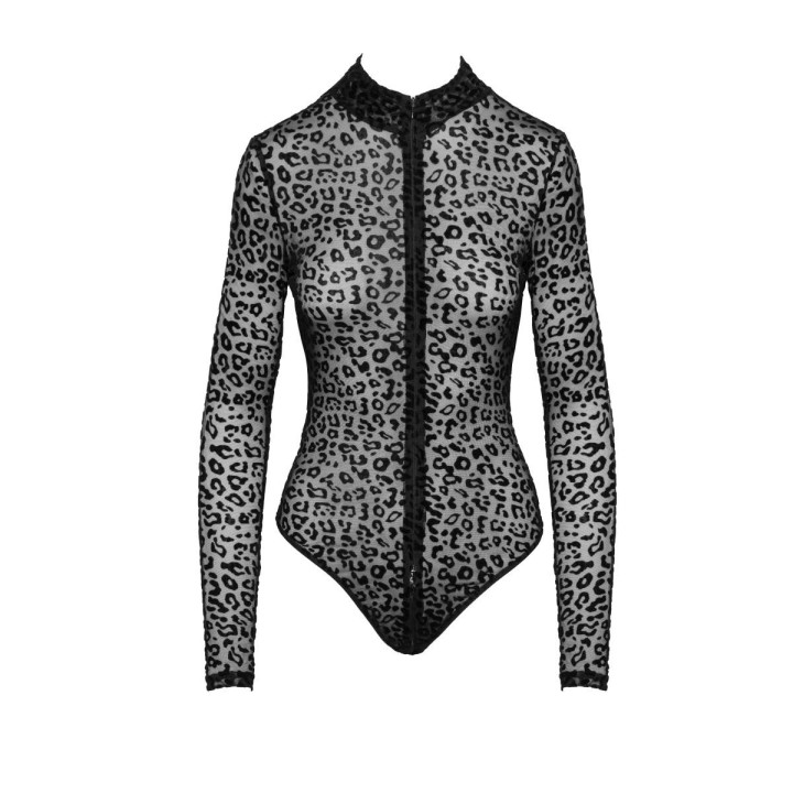 F287 Leopardenflock Bodysuit mit langen Ärmeln von Noir Handmade | Fesselliebe.de