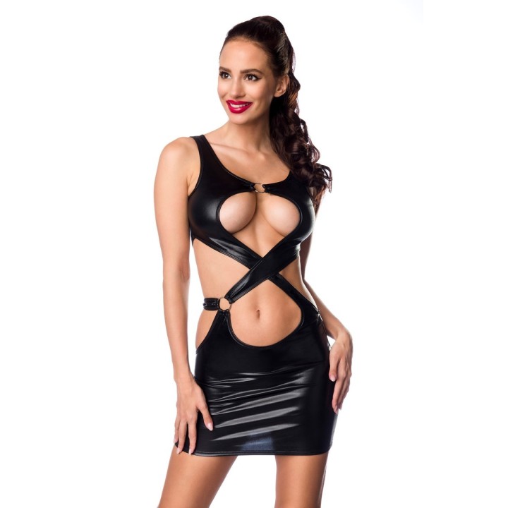 Schwarzes Wetlook Minikleid 18291 von Saresia | Fesselliebe.de